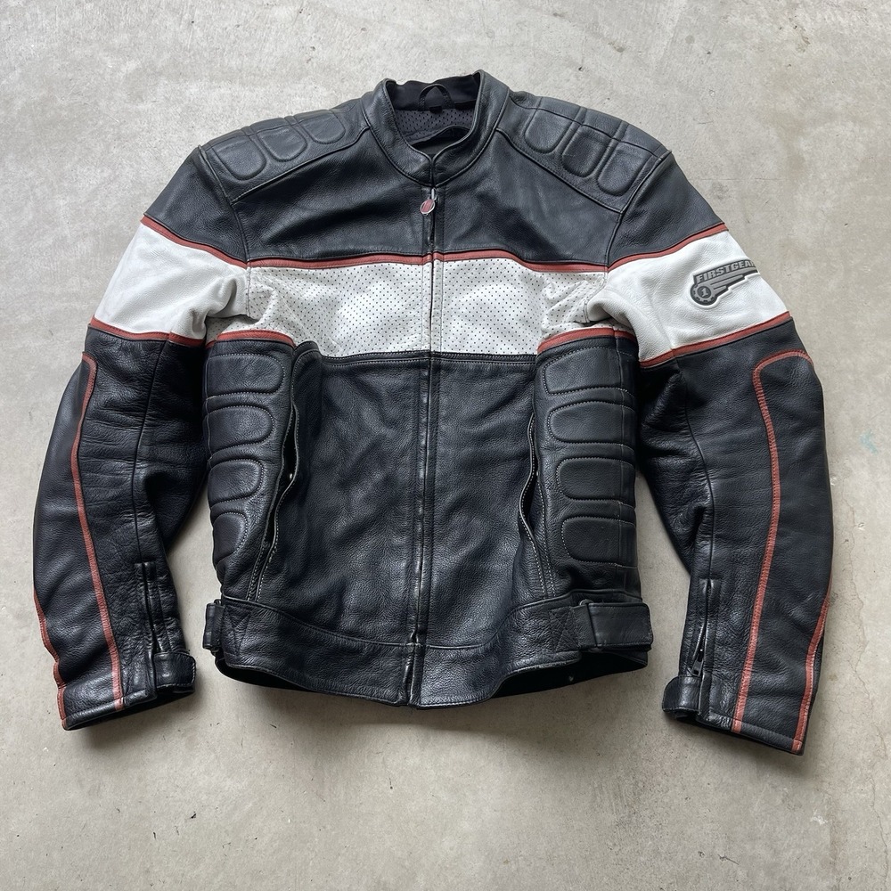 Vintage First gear Perforated‎ Leather Biker Motorcycle Padded Jacket Size 42